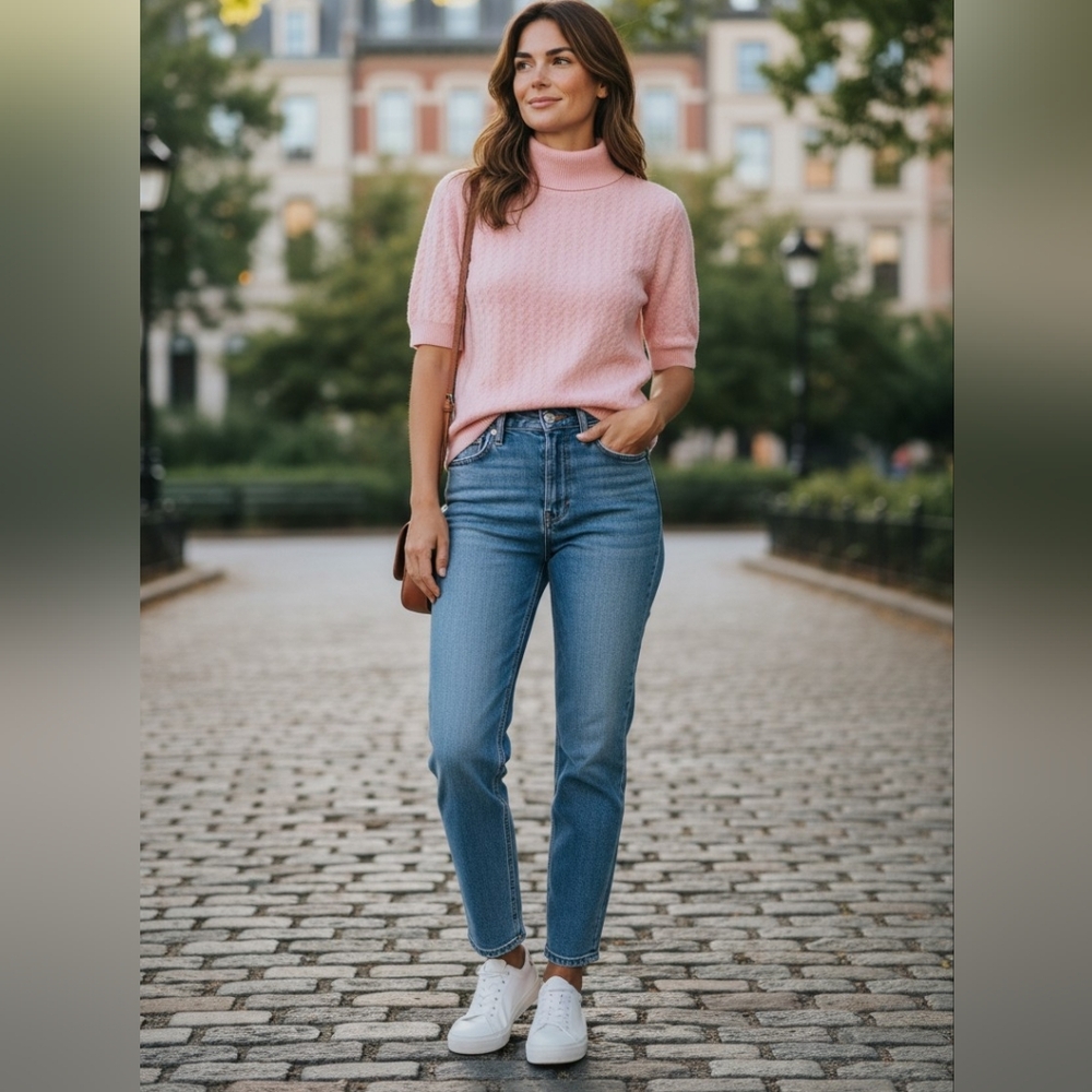 100%Pure Cashmere Light Pink Crop Top Sweater Turtleneck Textured Spring Luxury